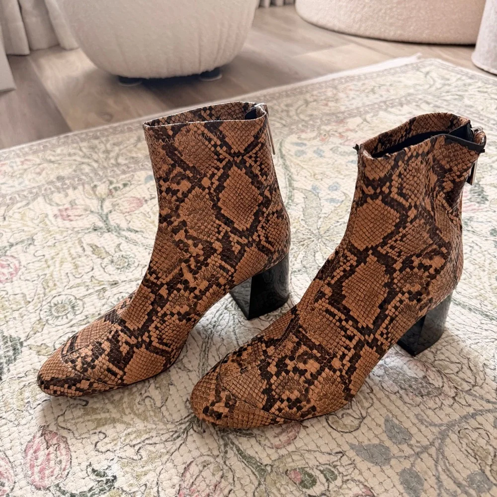 Zara Brown Snake-Print Ankle Booties with Block Heel